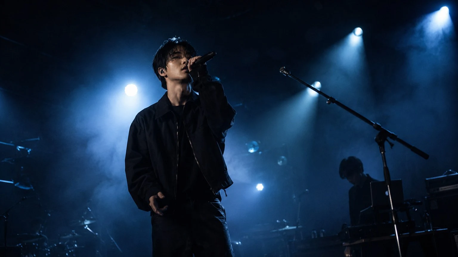 블루 톤 조명과 스모크 속에서 노래하는 NOIR WAVE의 공연 사진
